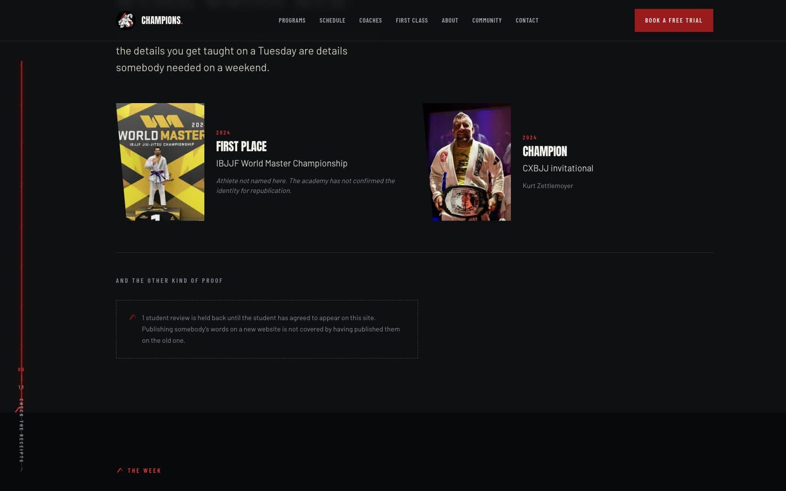 The lower homepage, showing competition credentials as badges beside a short block of copy.
