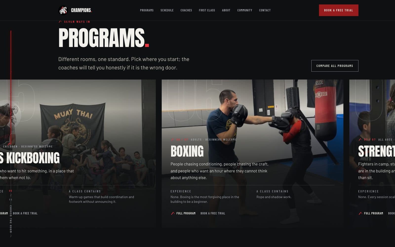 The programs band on the homepage, showing kickboxing, boxing and strength cards side by side.