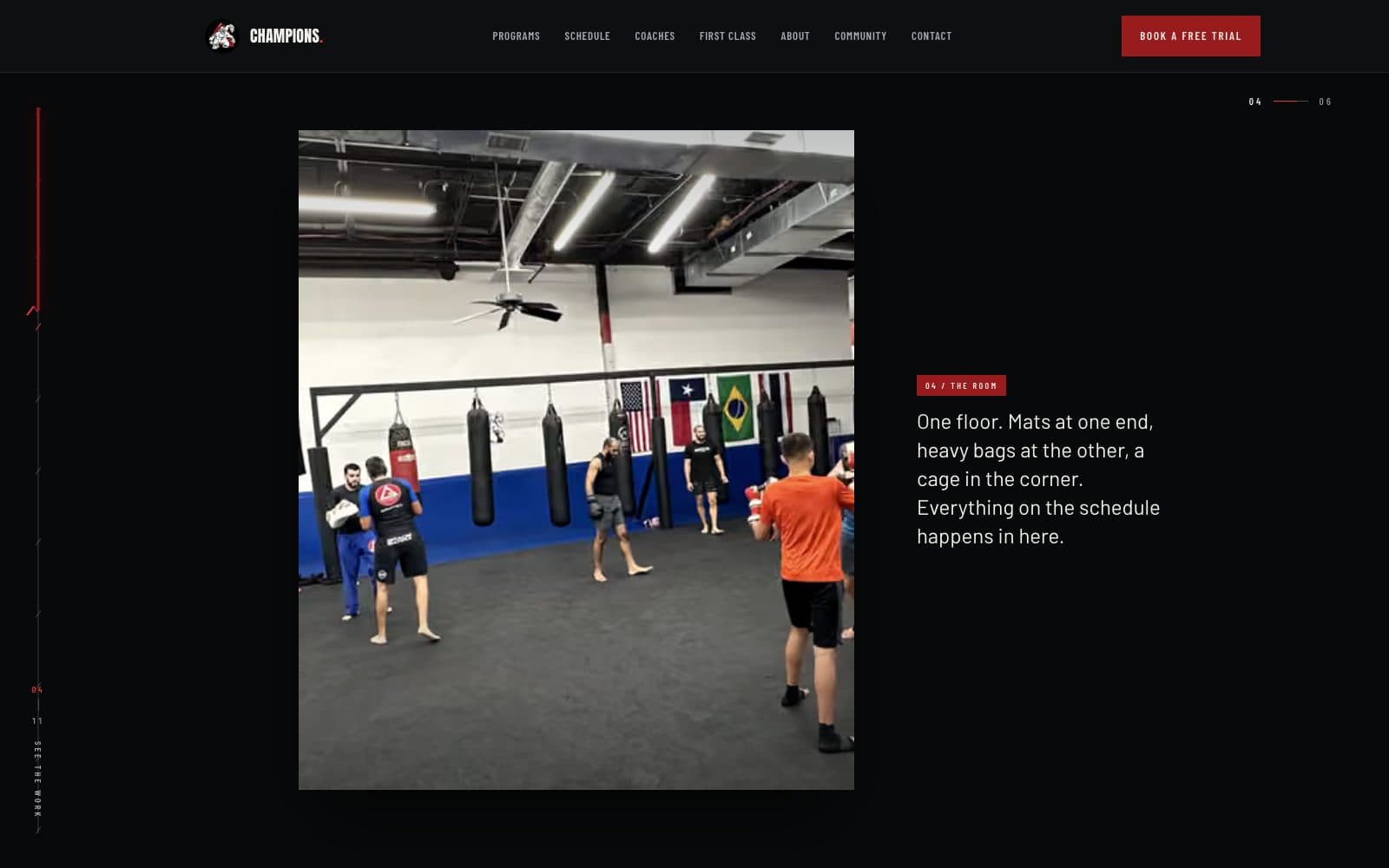 The gym section of the homepage: a wide photograph of the mat space with a short caption describing the single floor.