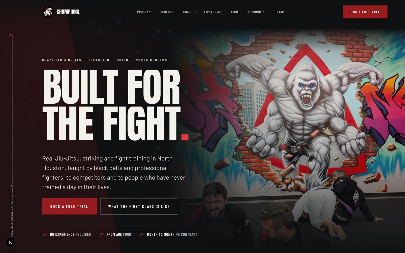 The Champions BJJ redesign homepage in development: the headline “Built for the fight” beside a graffiti gorilla mural and a photograph of students training.