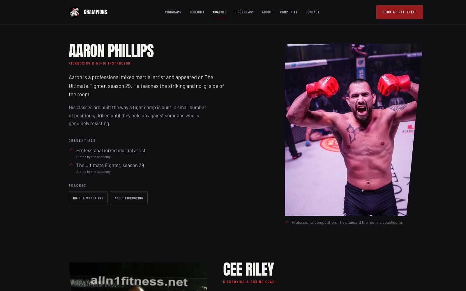 An instructor profile with a competition photograph, credentials and a short biography.