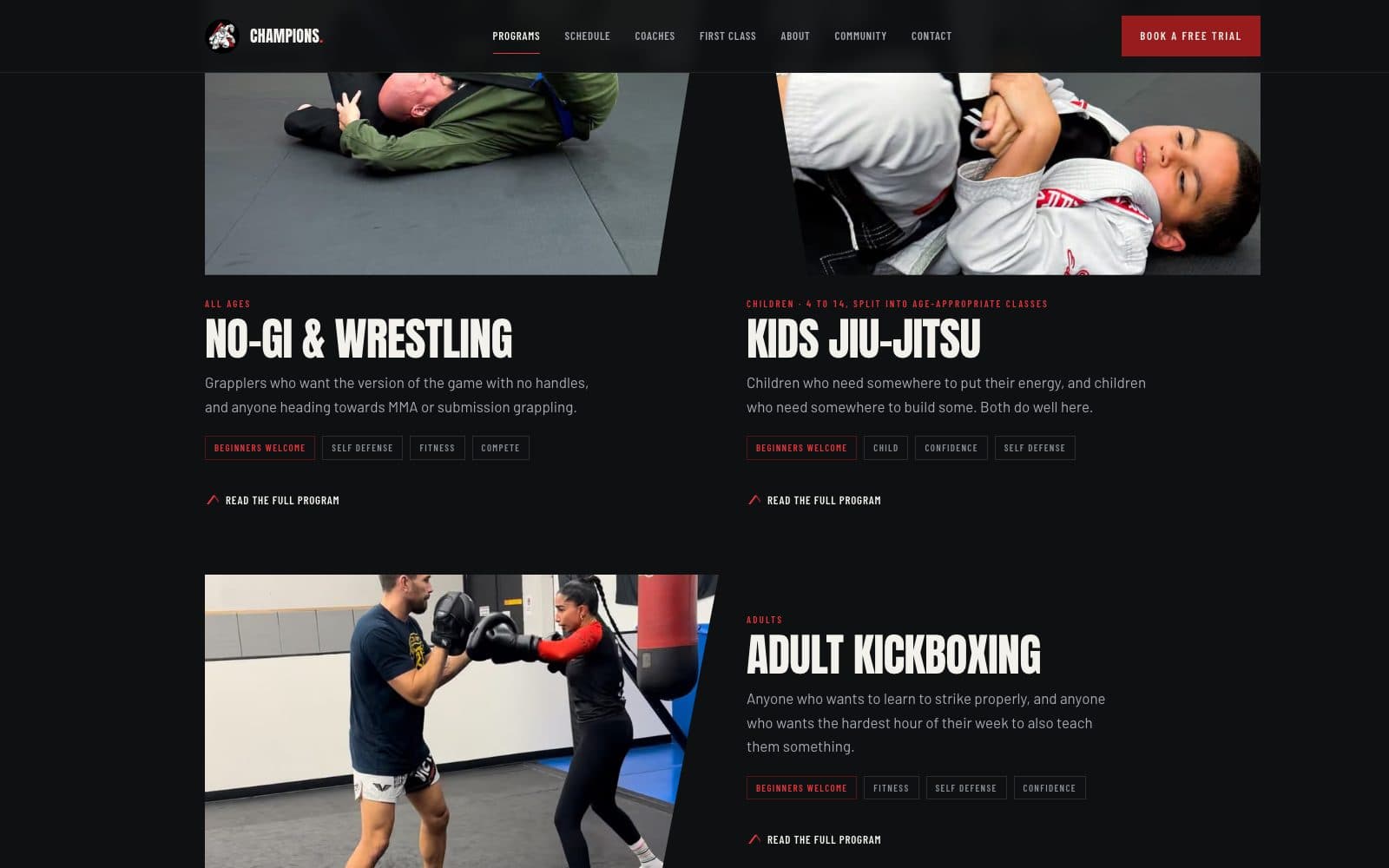 The programs page: cards for No-Gi and Wrestling, Kids Jiu-Jitsu and Adult Kickboxing, each with a photograph and a short description.