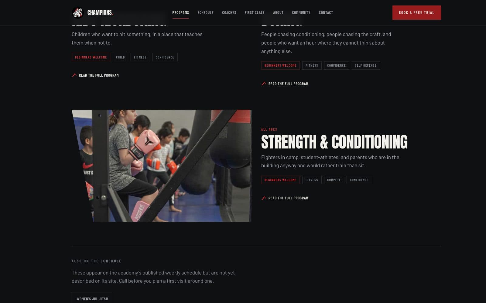 Further down the programs page, showing the strength and conditioning card.