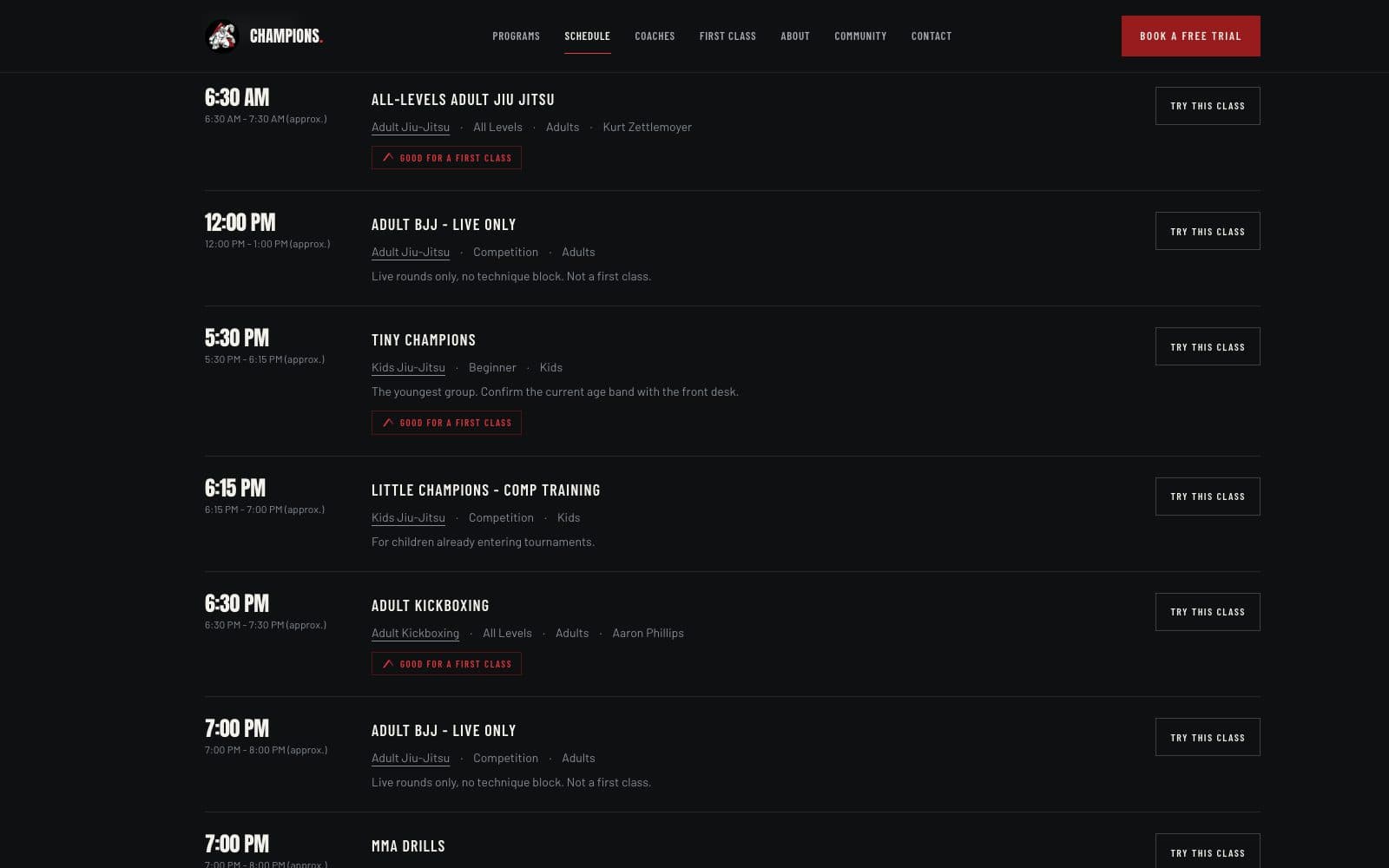 The schedule page showing consecutive class rows with times, levels and a booking action on each.