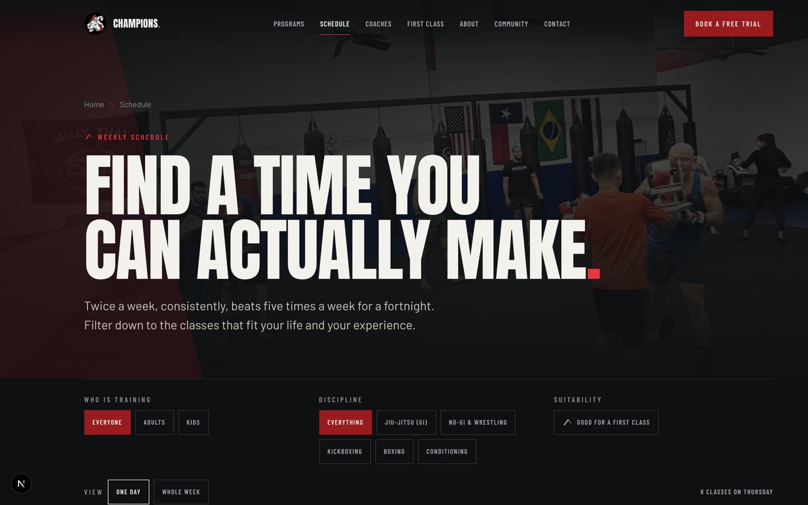 The redesigned weekly schedule in development, with filters for audience and discipline.