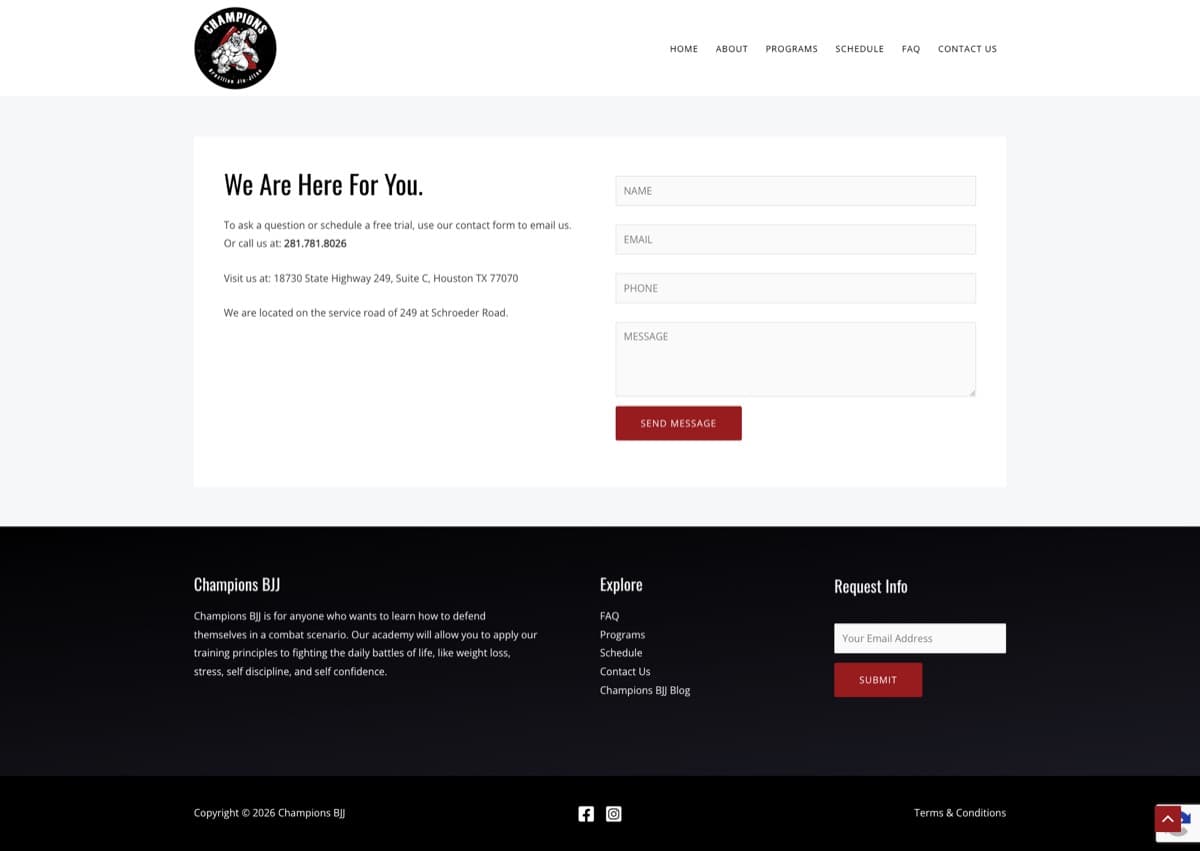 The previous contact page: a short form and an address on an otherwise empty page.