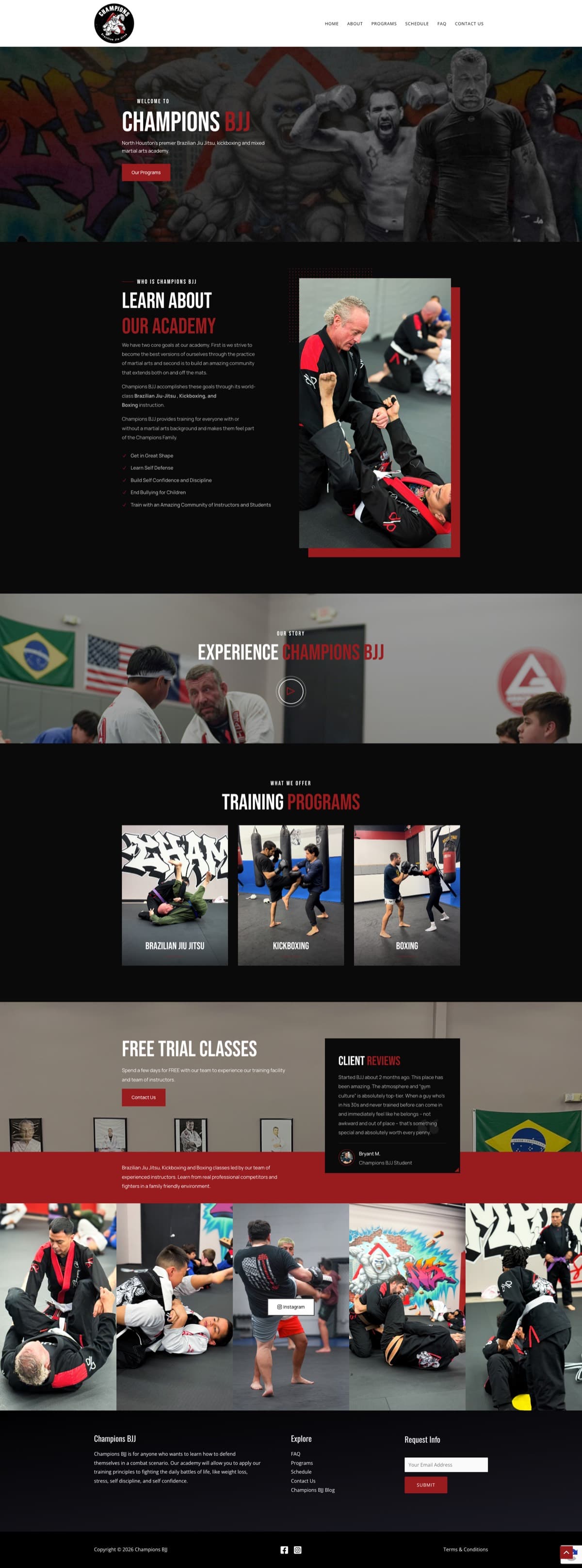 The current Champions BJJ homepage: dark red and black with a fighter montage over a graffiti wall.