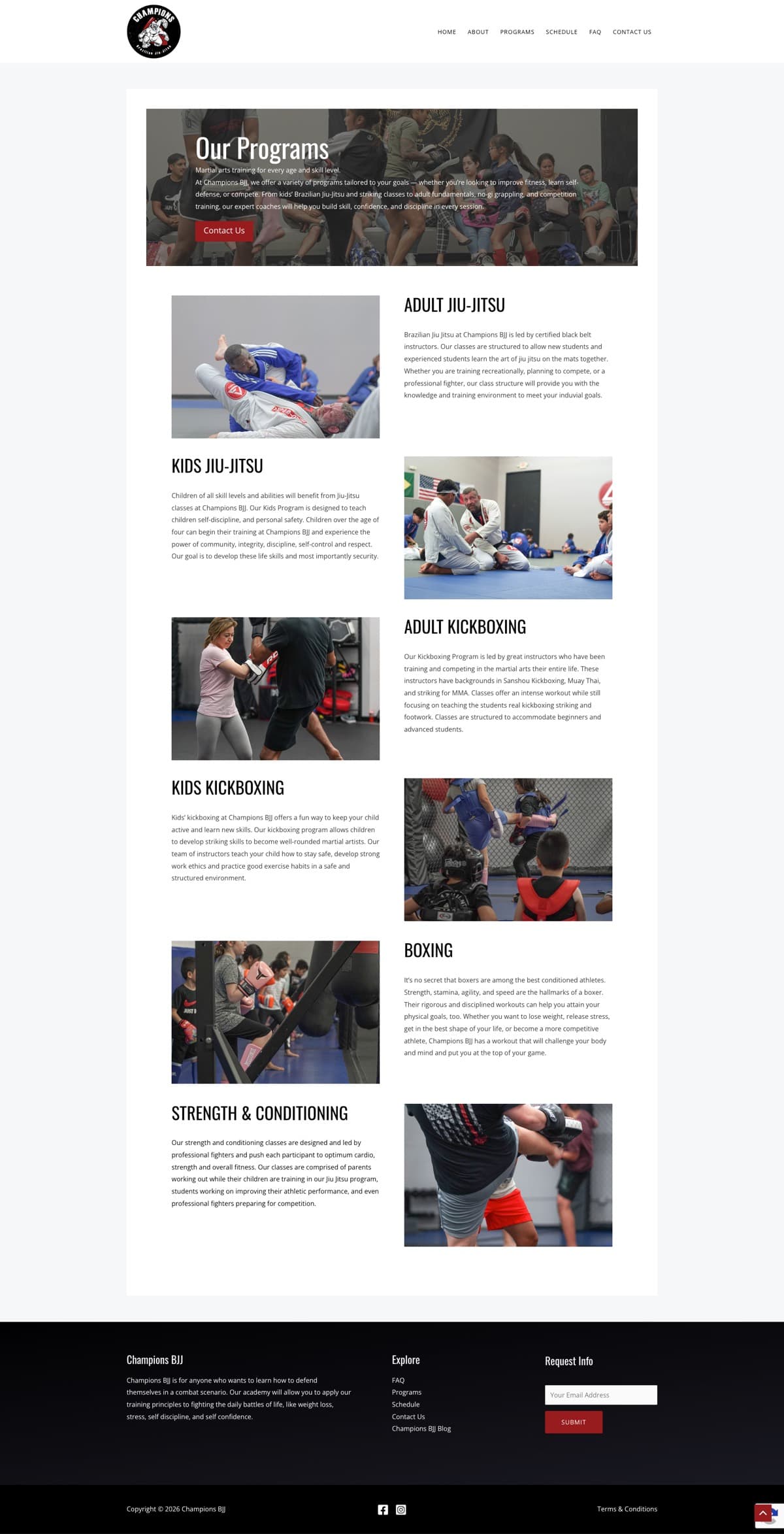 The current Champions BJJ programs page: a pale grey background with narrow white content boxes and long text columns.