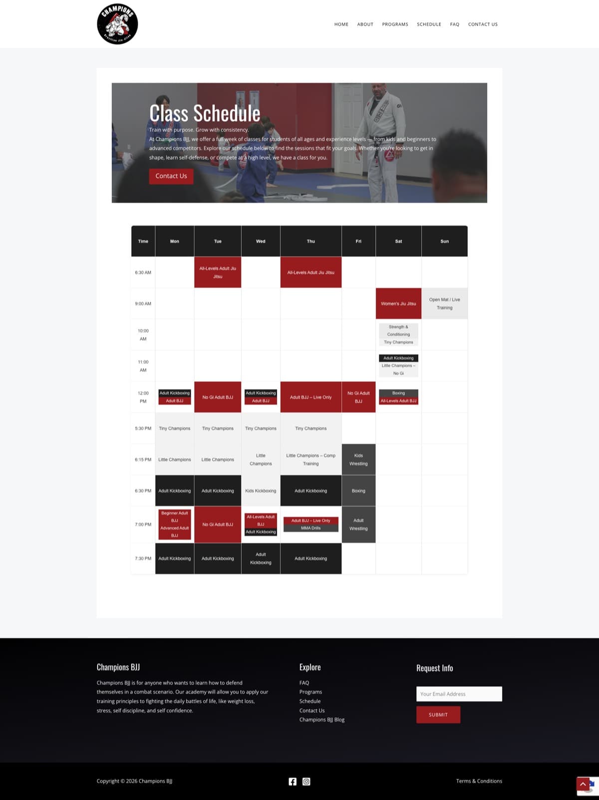The previous schedule: a static table of class times with no filtering.