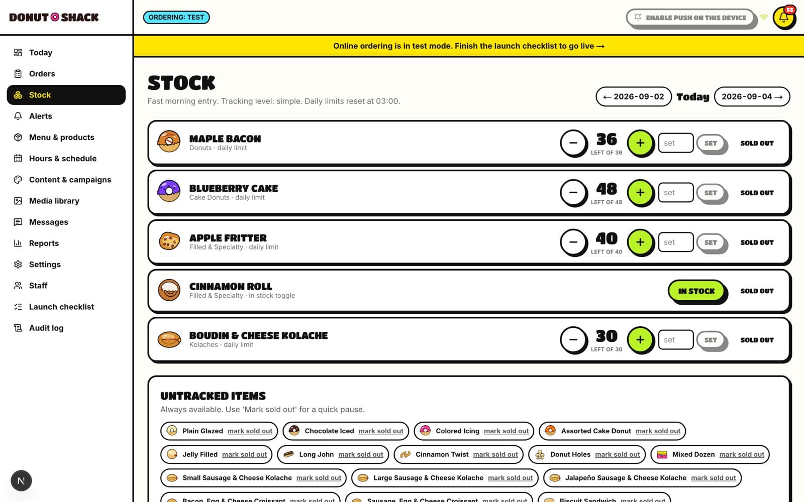 The admin inventory screen, listing products with stock counts and controls to mark items sold out.