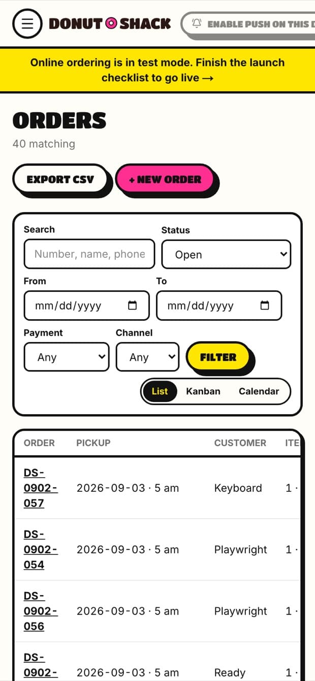 The admin orders screen on a phone, listing the morning's orders in a single column.