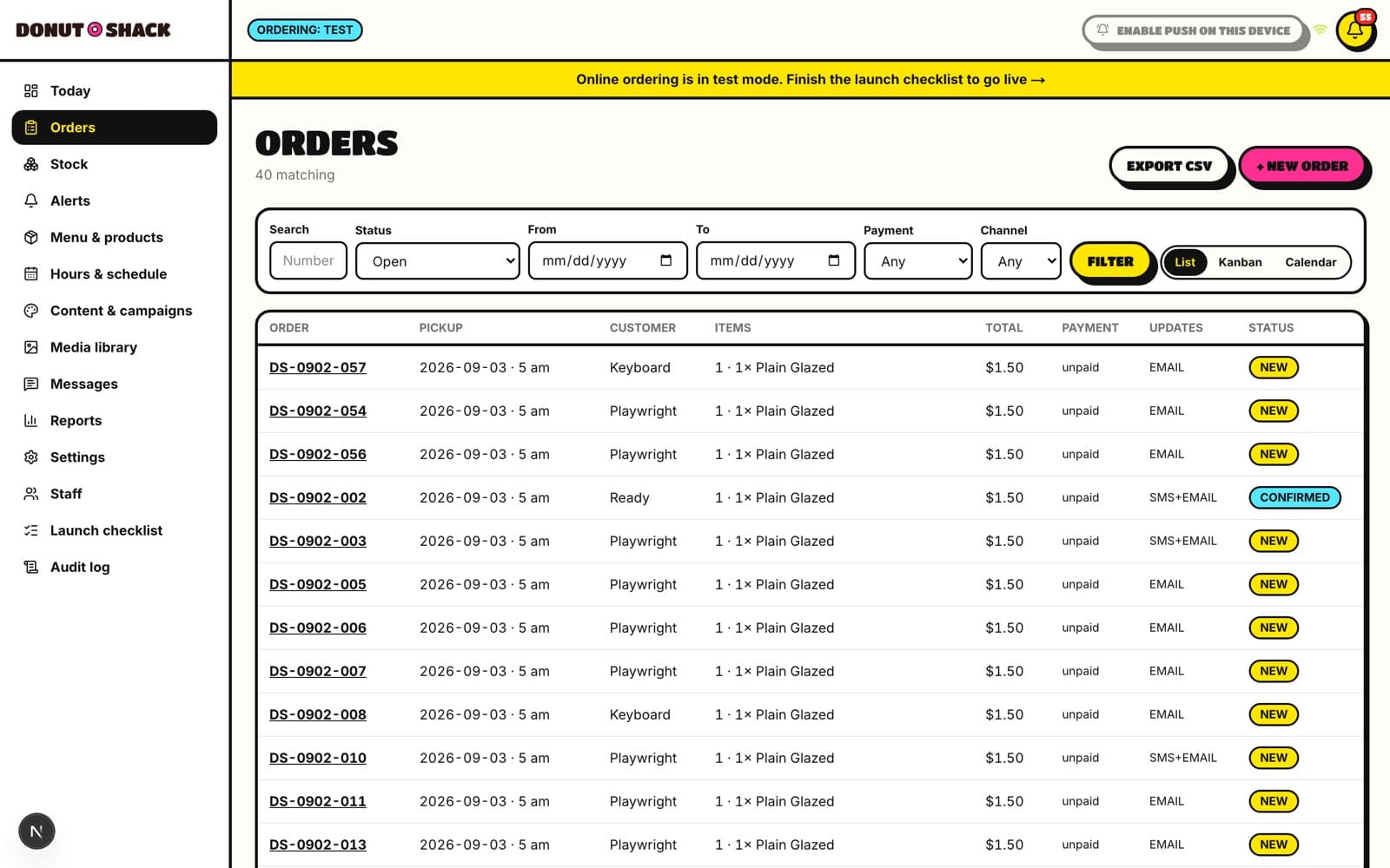 The admin order queue in development, listing incoming orders with fulfilment states.
