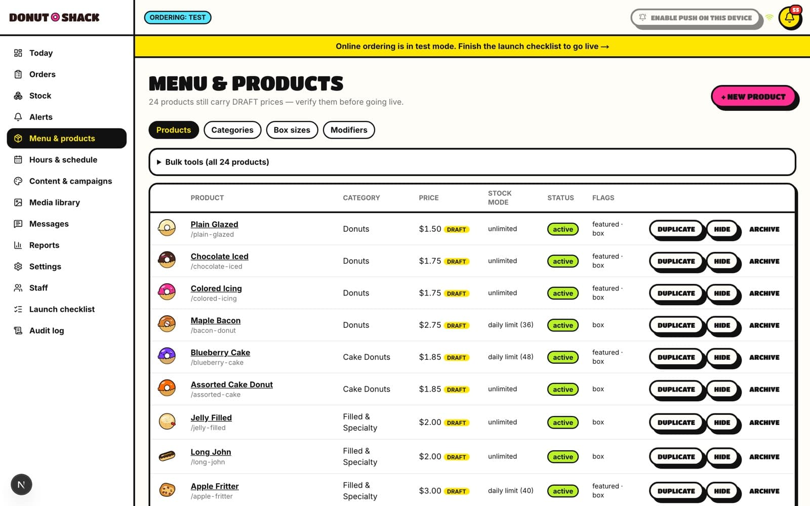 The admin product management screen in development, listing menu items with prices and availability controls.