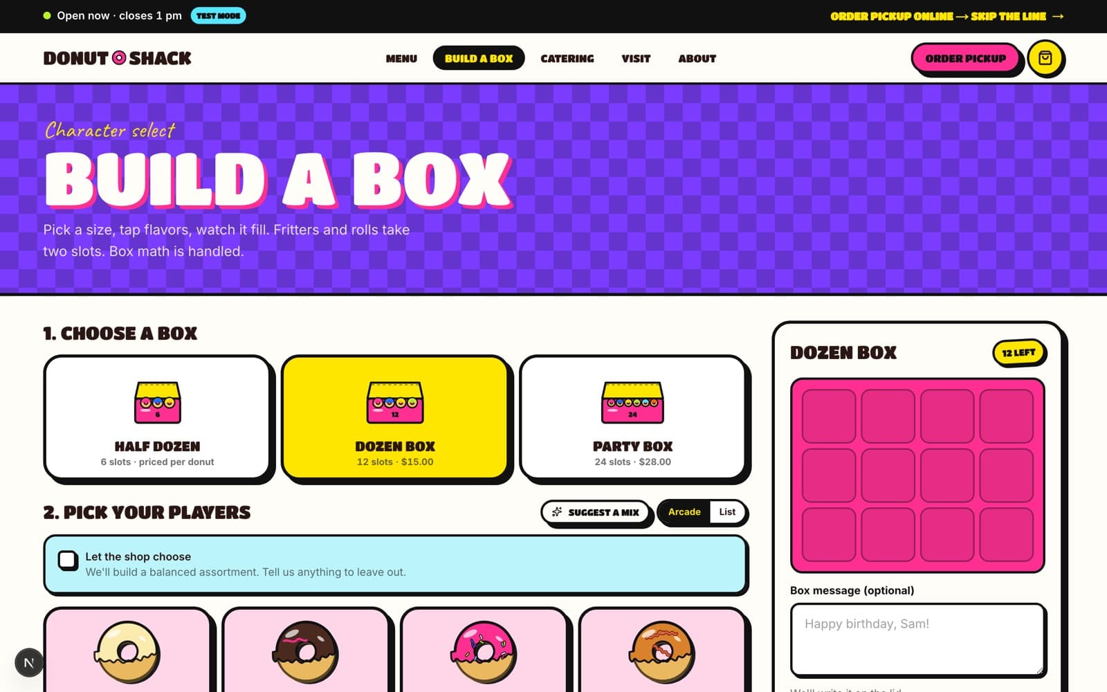 The build-a-box flow in development, letting a customer assemble a dozen from individual items.