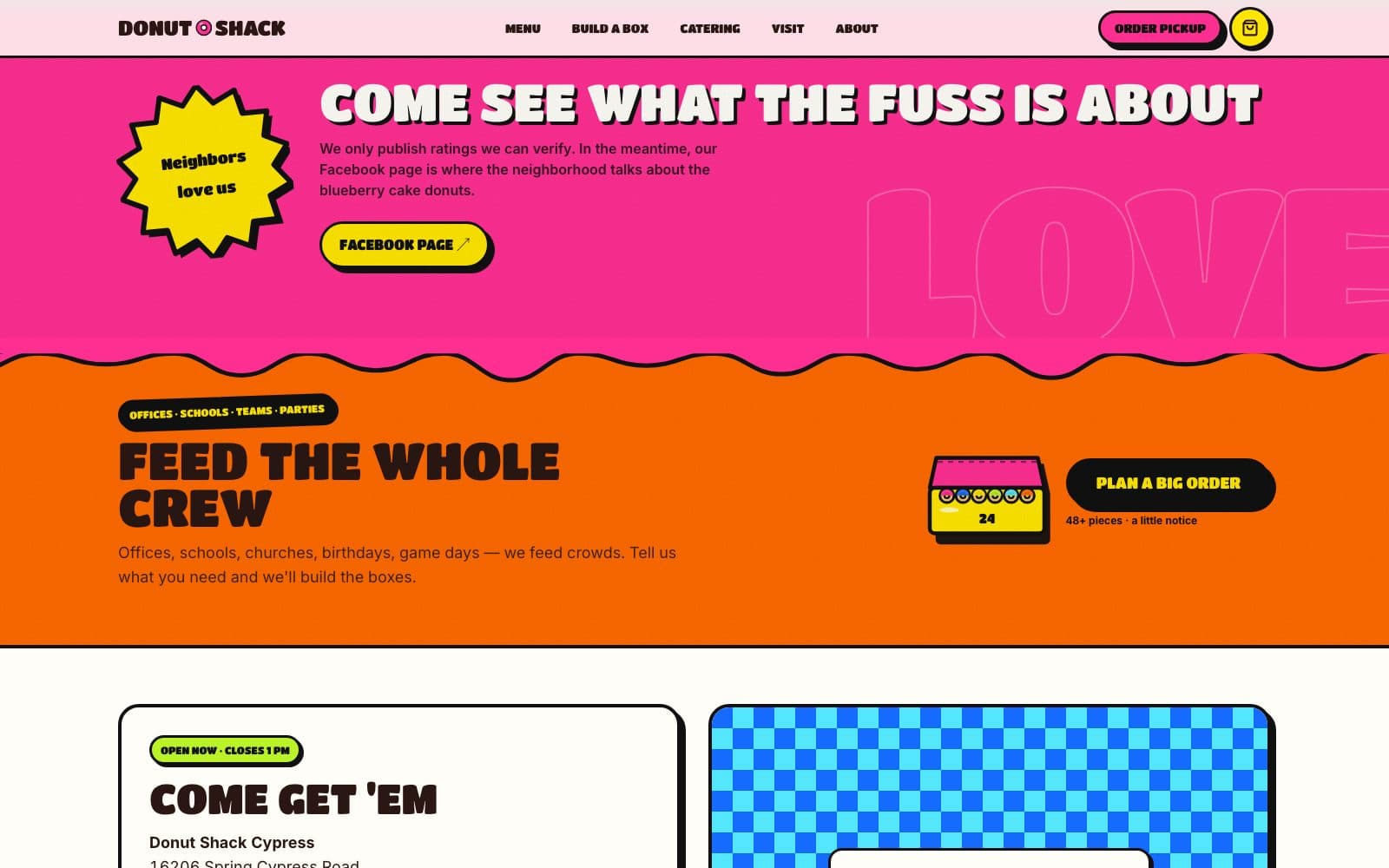 The lower homepage, with a catering block reading “Feed the whole crew” and a visit panel.