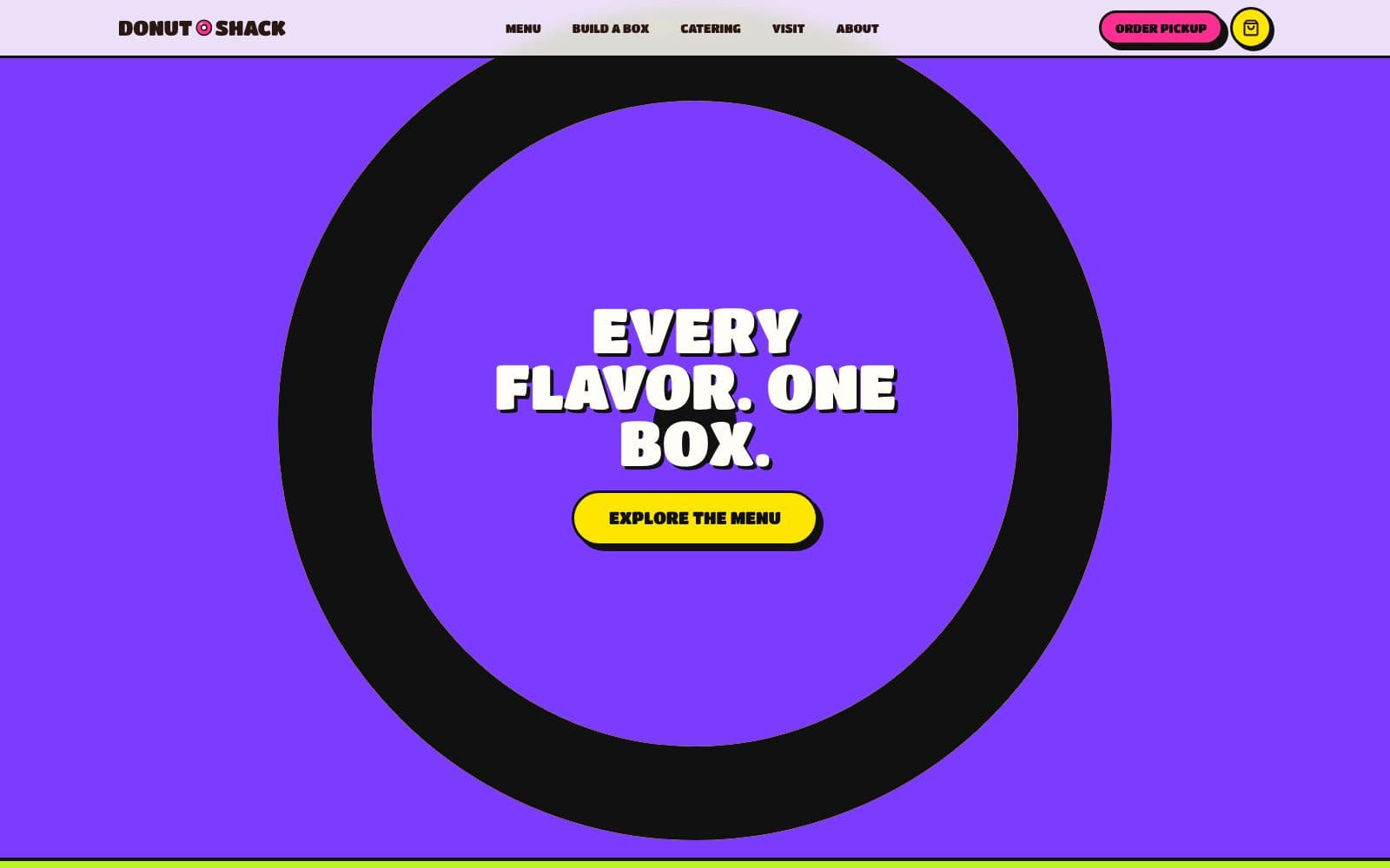 A full-width panel reading “Every flavor. One box.” with a call to explore the menu.