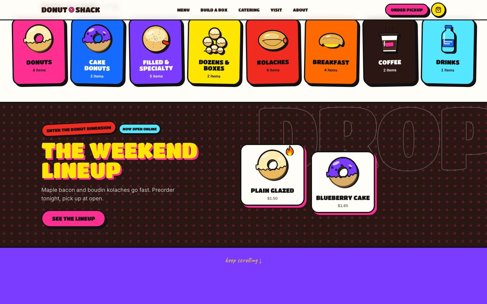 The homepage menu band: category chips across the top and a weekend lineup panel beneath.
