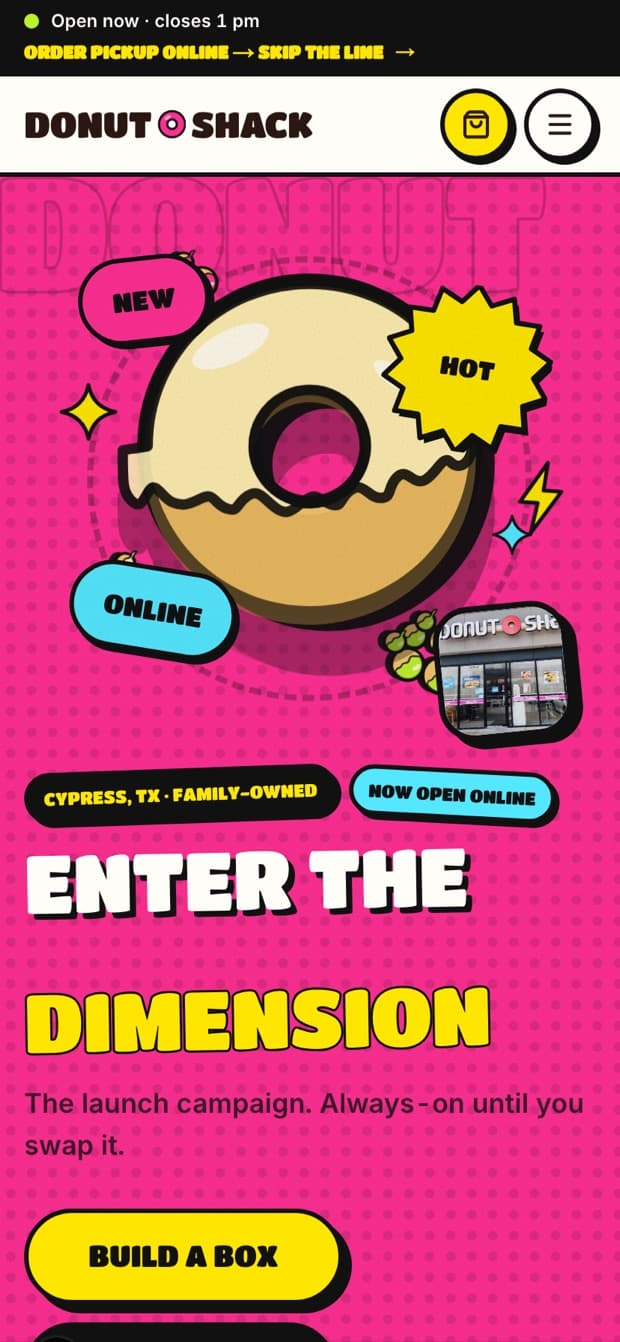 The Donut Shack homepage on a phone, in development.