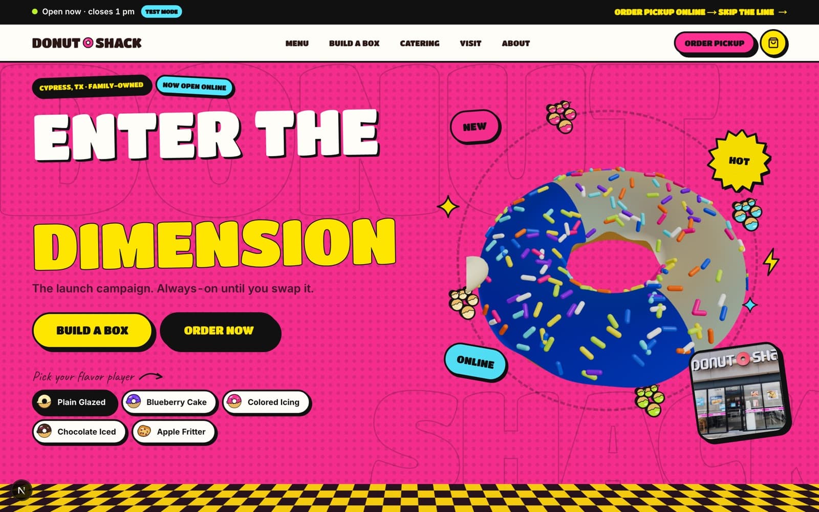 The Donut Shack storefront in development: a bright, illustrated homepage for a Cypress, Texas donut and kolache shop.