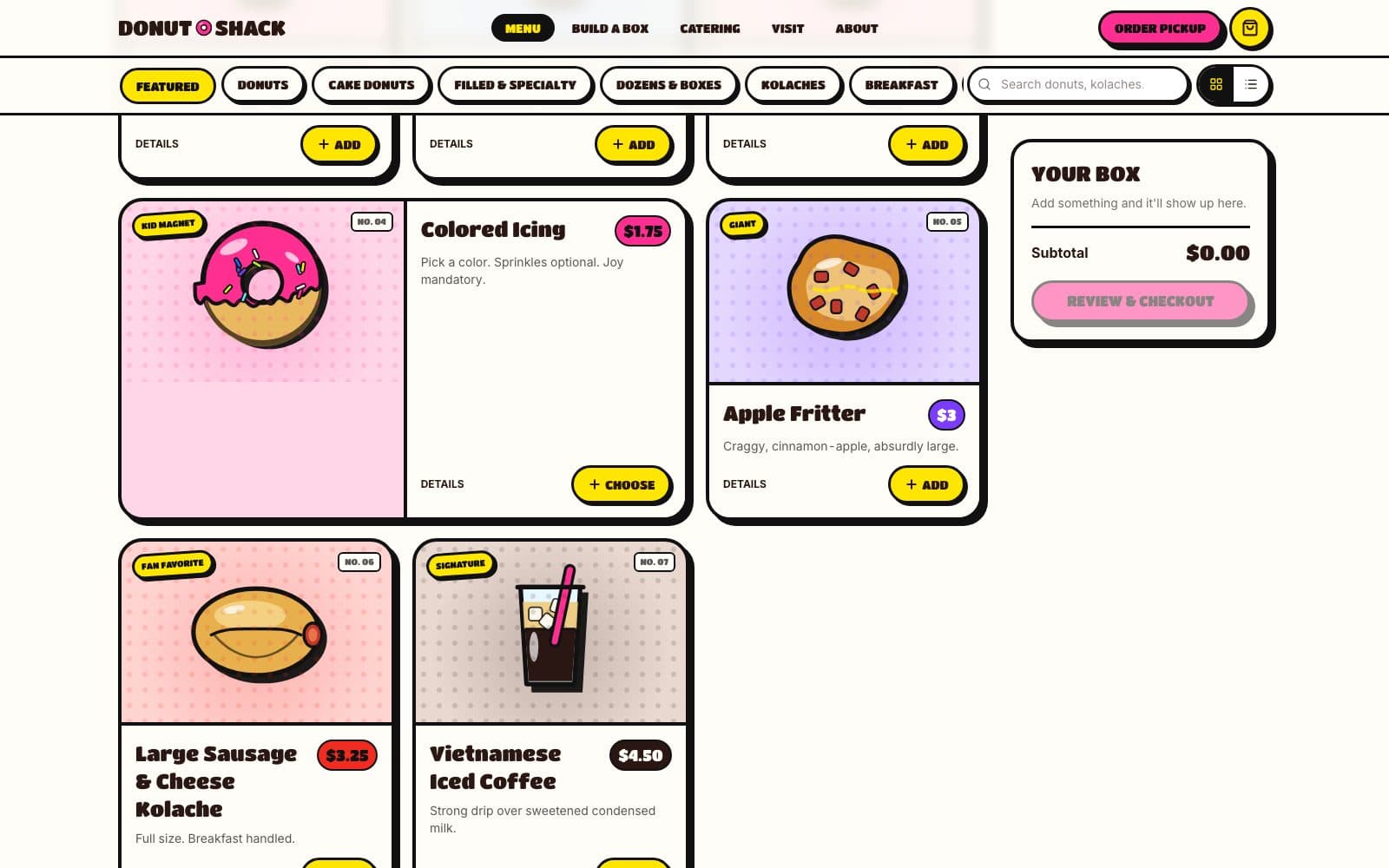 The menu page: a grid of donuts with prices beside a persistent box panel showing the running order.