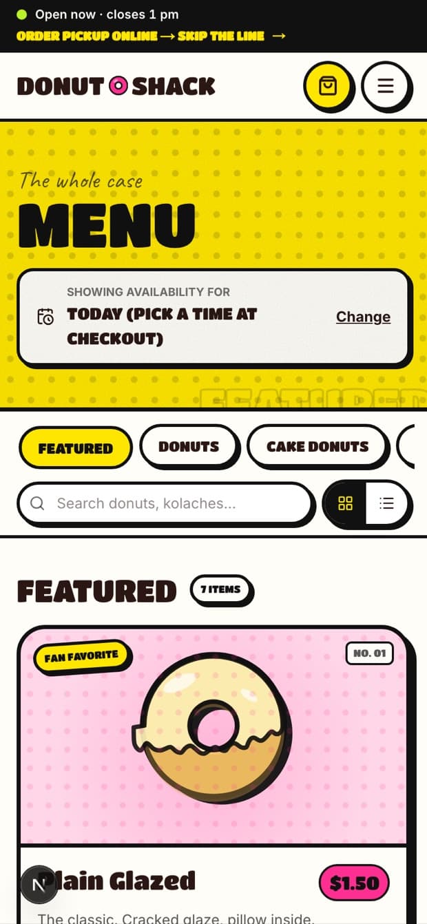 The Donut Shack menu on a phone, in development.