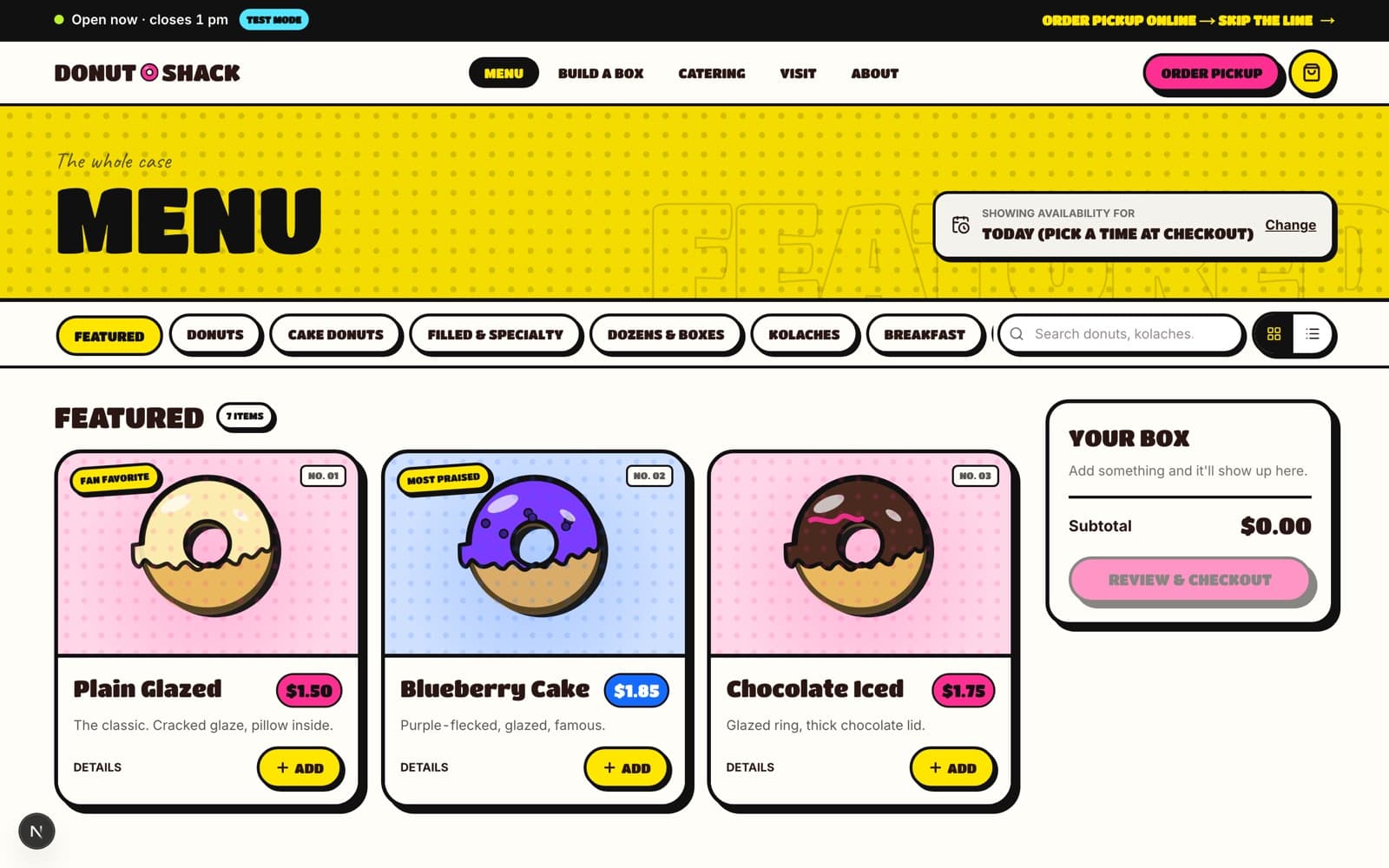The menu page in development, showing donuts and kolaches with prices and availability states.
