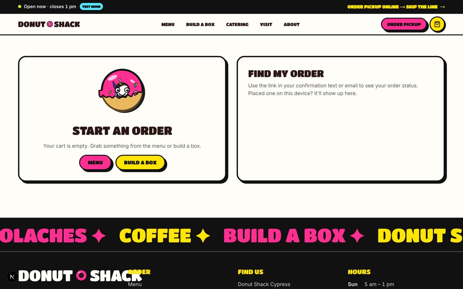 The order flow in development, showing pickup time selection and order summary.