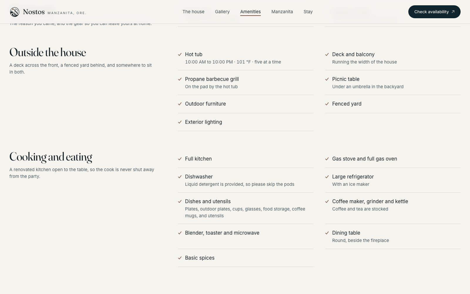 The amenities page on the live Nostos site, listing items by category with a sticky heading beside each group.