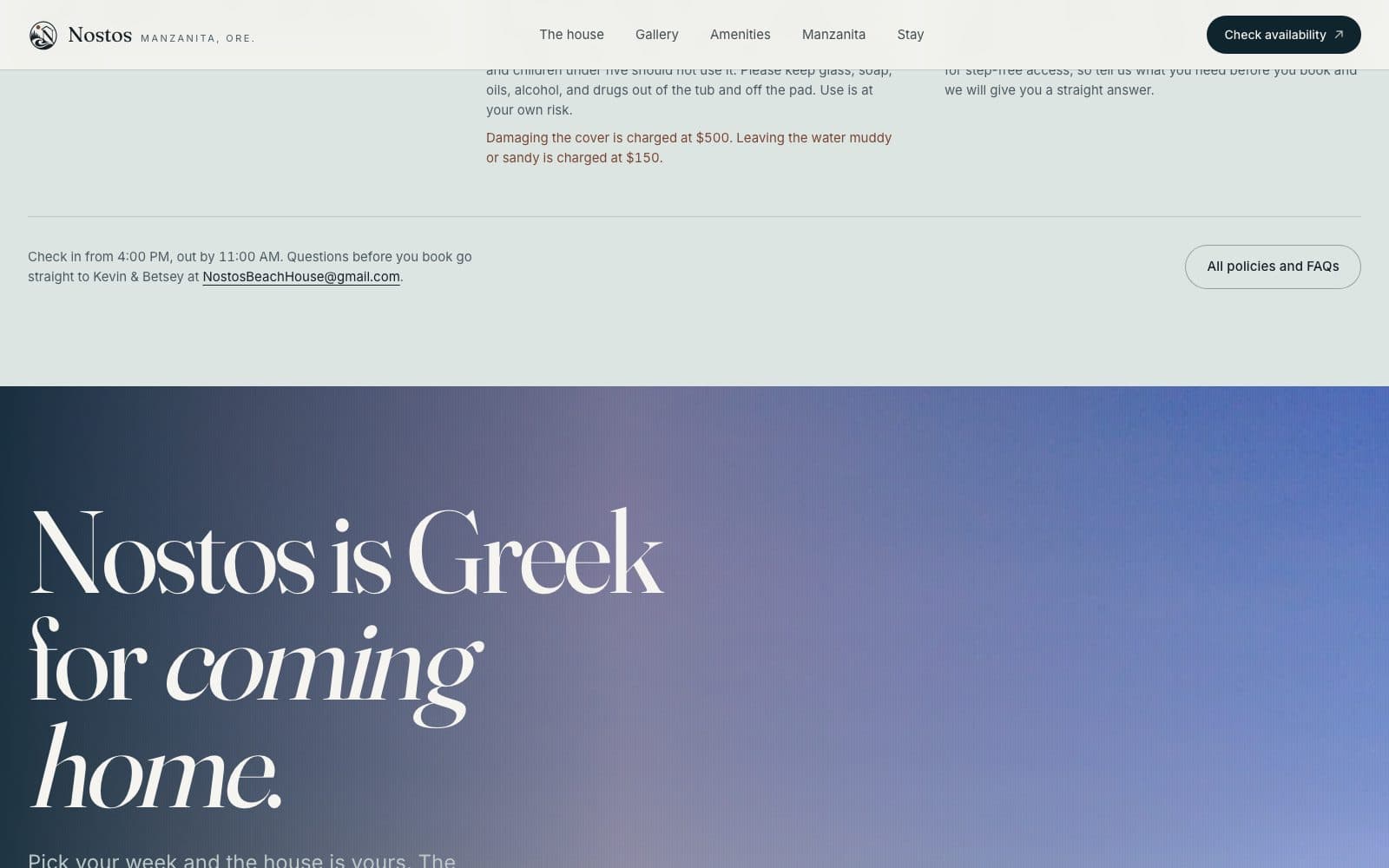 The closing section: a warm photograph of the coast under the words “Nostos is Greek for coming home.”