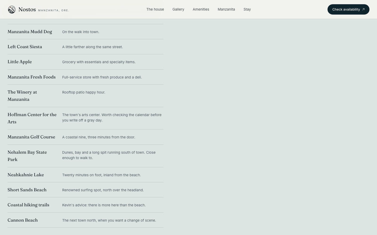 The Manzanita section of the homepage, listing local places with short notes beside a schematic map of the block.