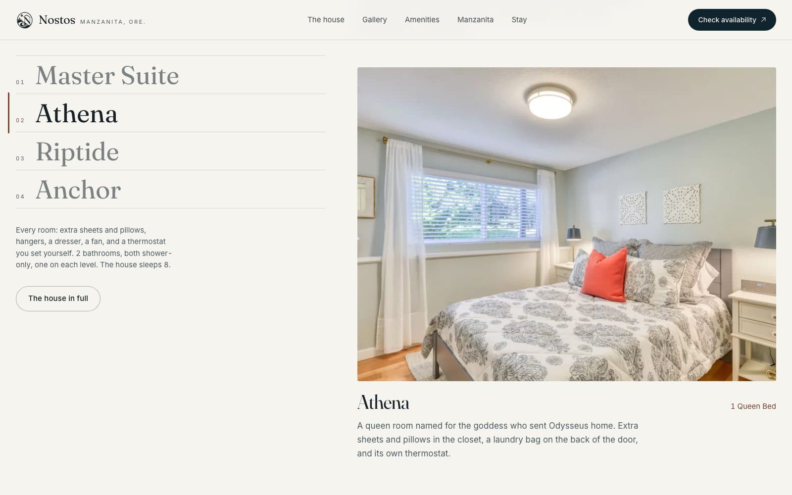 The rooms section: a sticky index listing Master Suite, Athena, Riptide and Anchor beside a photograph of the Athena bedroom.
