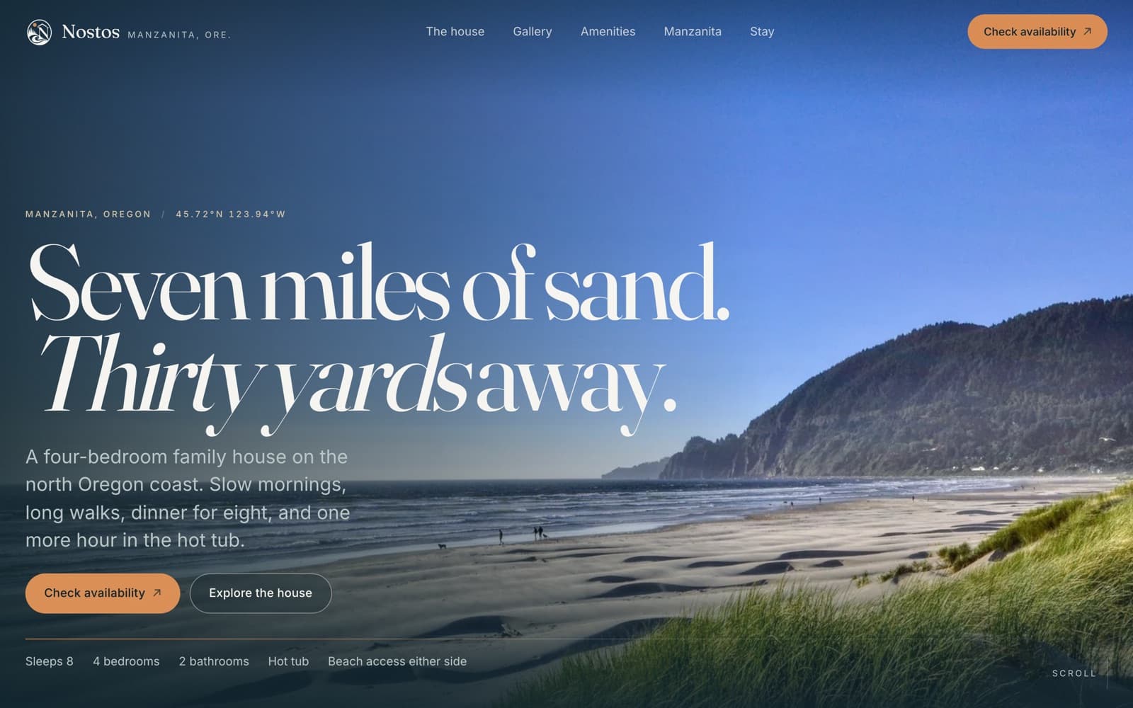 The redesigned Nostos Beach House homepage: a wide photograph of Manzanita beach beneath the headline “Seven miles of sand. Thirty yards away.”