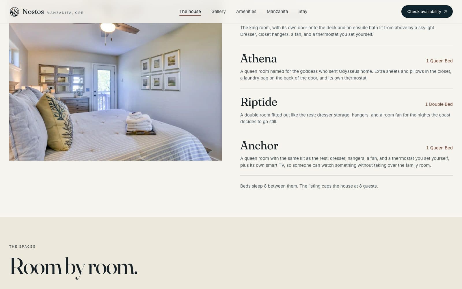 The sleeping arrangements section: each bedroom listed with its bed configuration beside a photograph of the master suite.