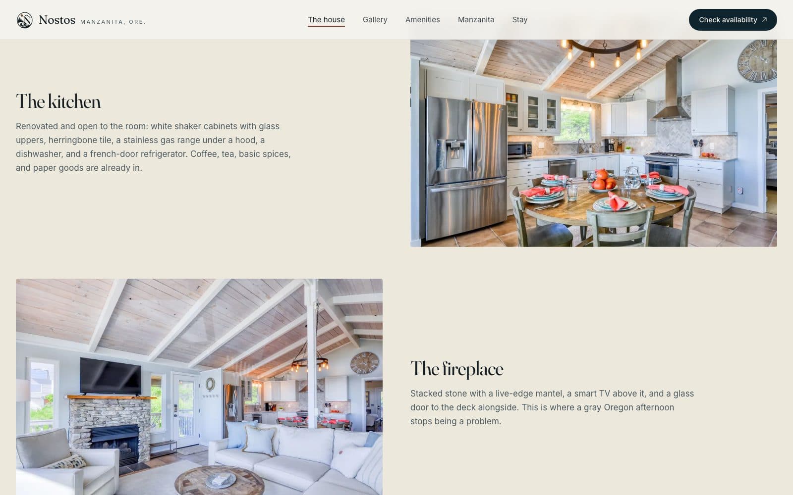 The room-by-room section of The House, alternating photographs of the kitchen and the stone fireplace with short descriptions.