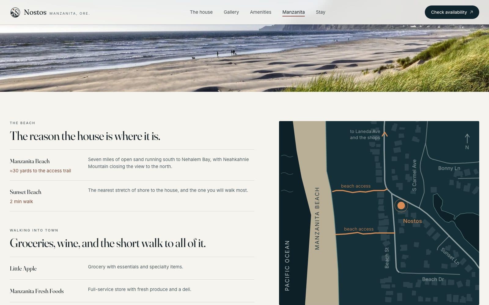 The Manzanita guide page, listing the beach, the walk into town, coffee and food, and what lies beyond the sand.