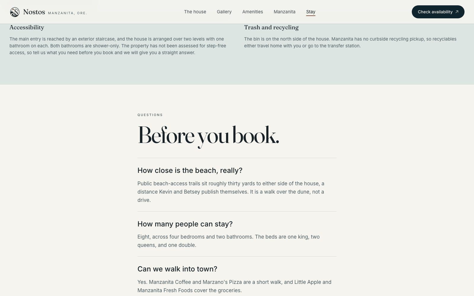 The questions section of Stay, answering how close the beach is, how many the house sleeps and where rates are published.