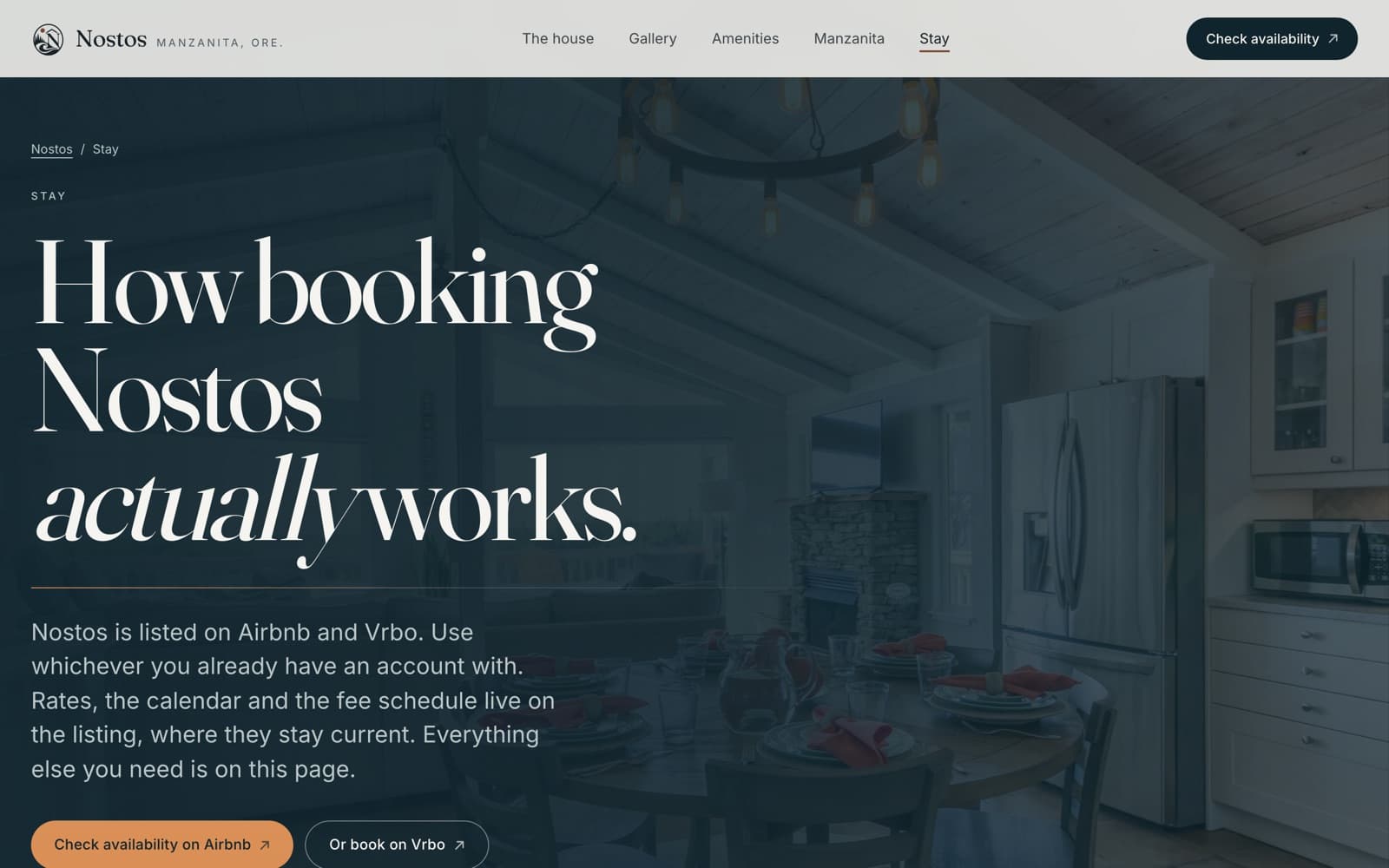 The Stay page on the live Nostos site, showing occupancy, policies and booking links.