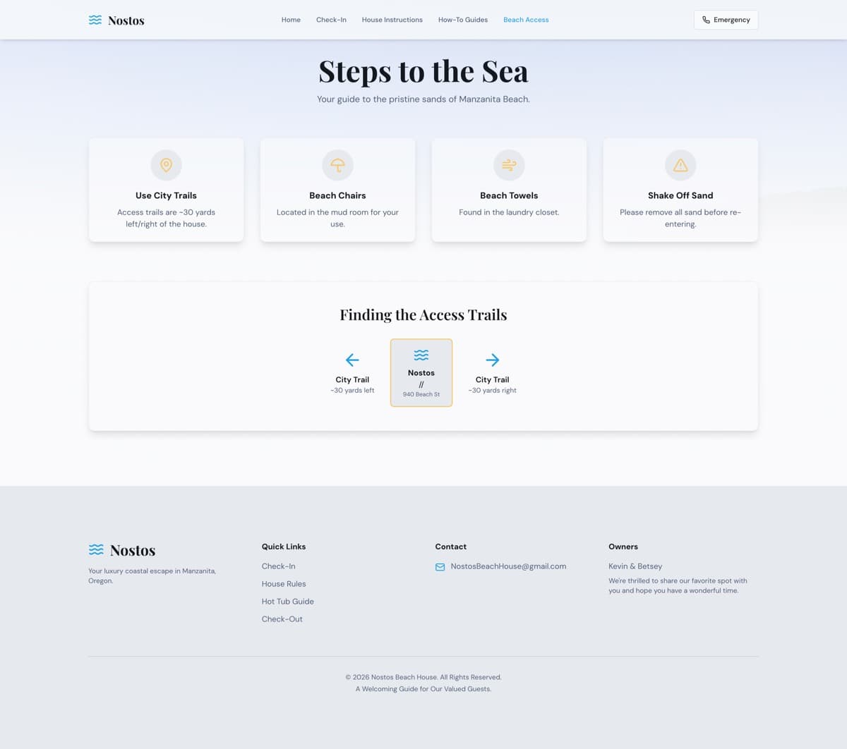 The previous beach-access page: a short paragraph of directions inside a tall grey card, with most of the page left empty.