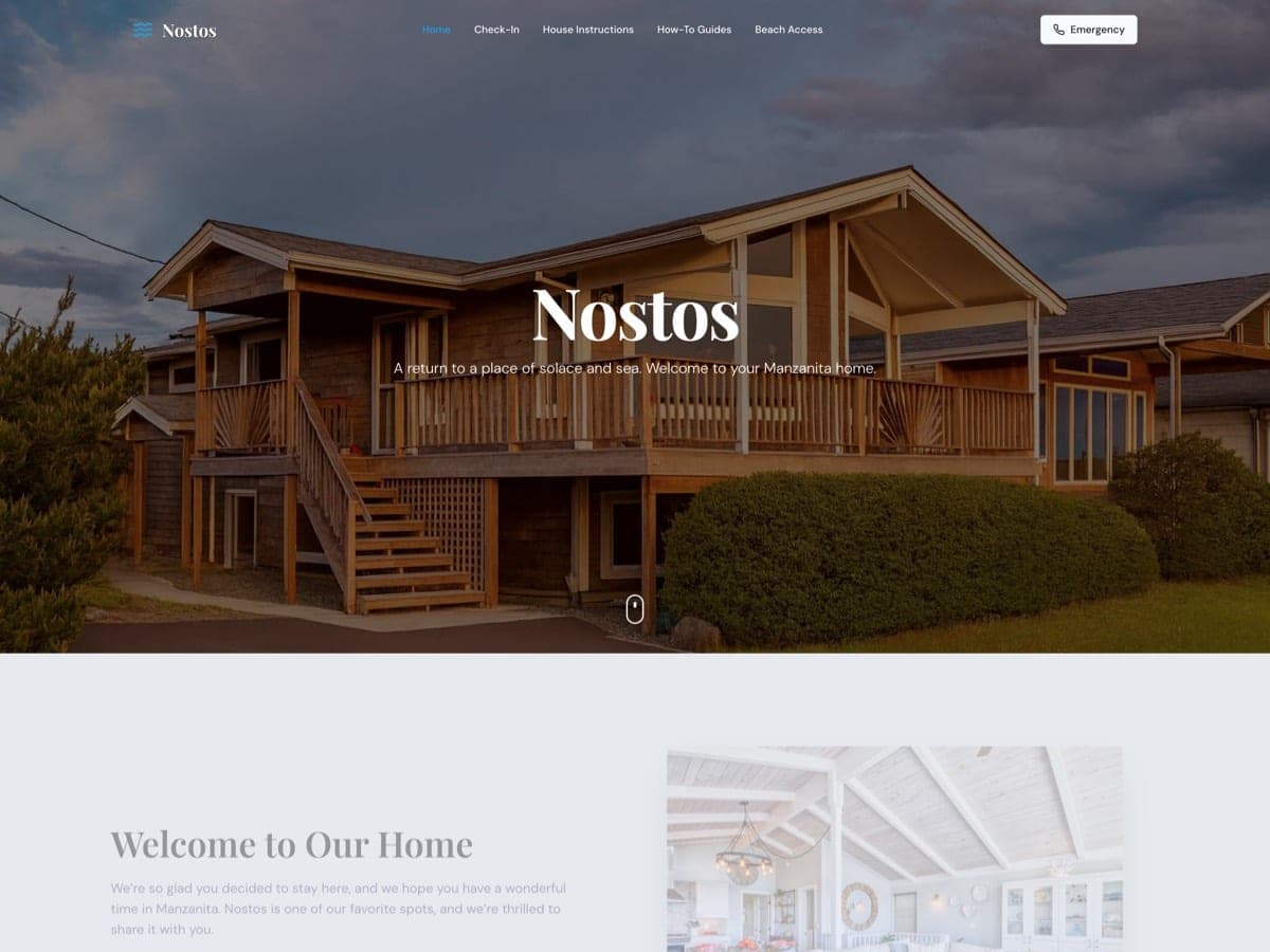 The previous Nostos homepage: a pale layout with one hero photograph, a row of gray utility cards, and several sections rendered at very low opacity.