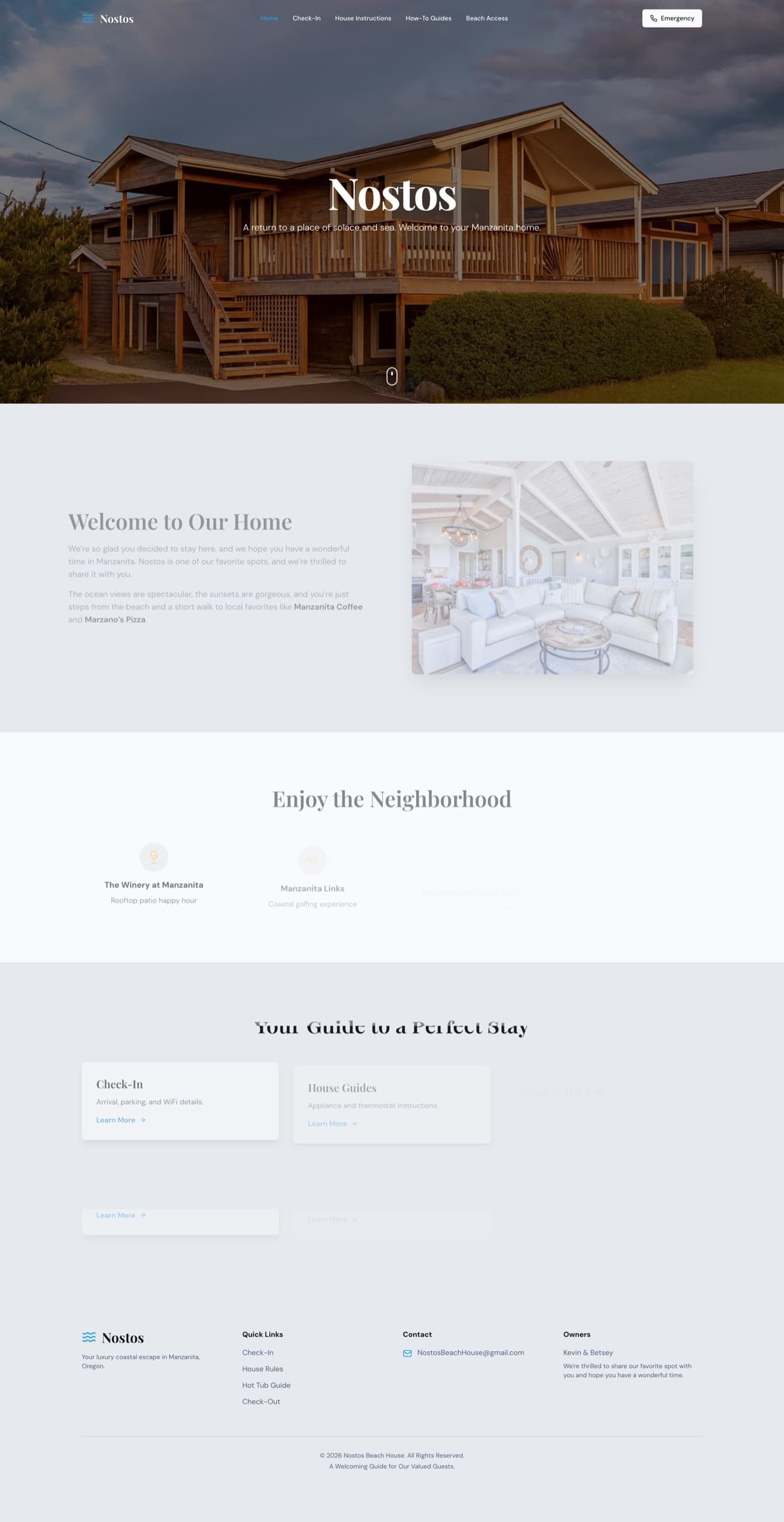 The previous Nostos homepage: a pale layout with one hero photograph, a row of grey utility cards, and several sections rendered at very low opacity.
