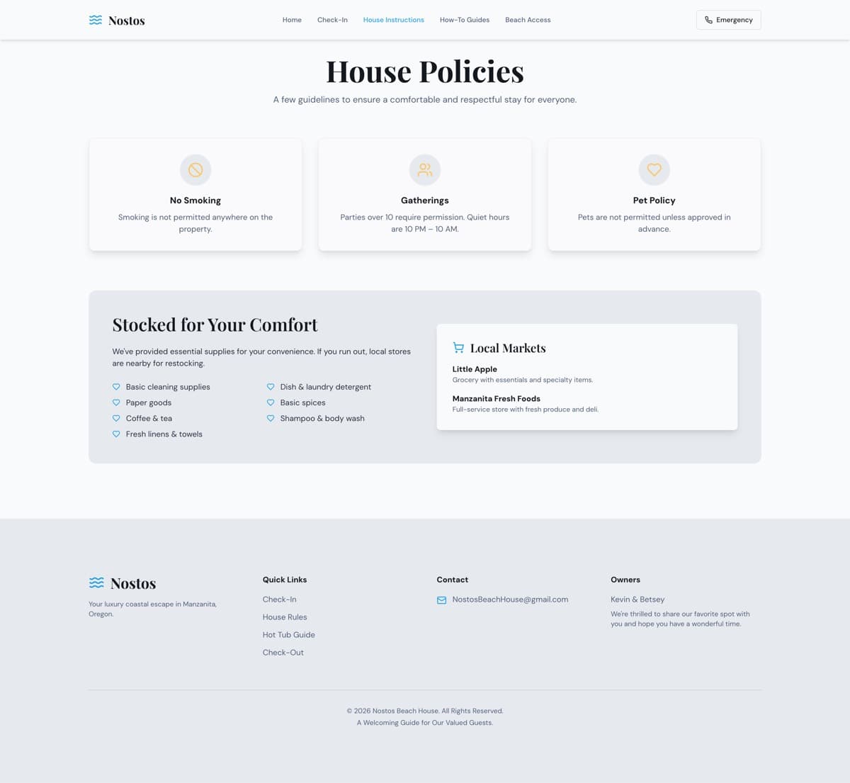 The previous house-instructions page: stacked grey cards of appliance and household notes.