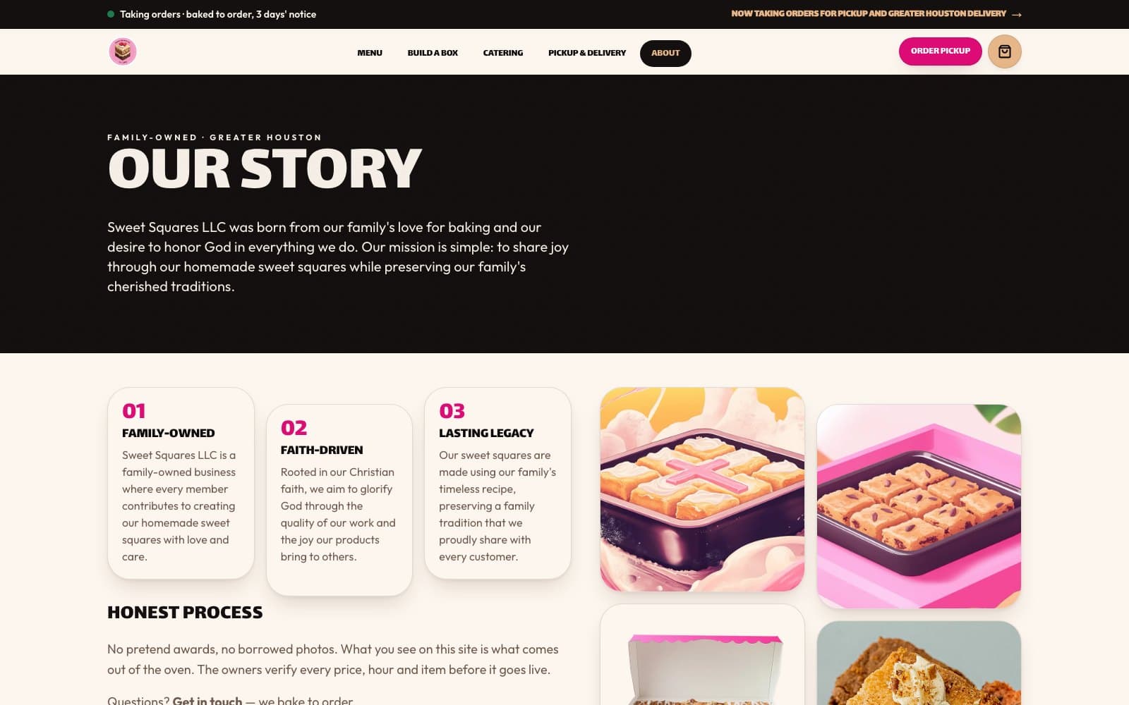 The about page of the Sweet Squares rebuild, carrying the family's origin story and their four values.