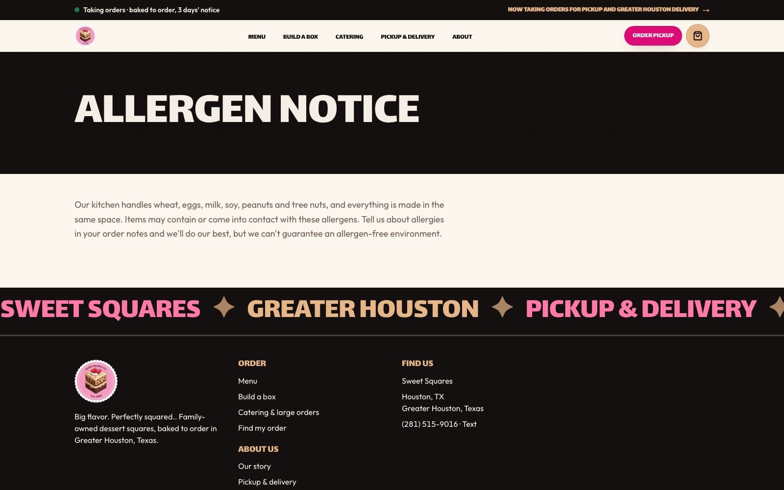 The allergens page of the Sweet Squares rebuild, stating what the kitchen handles and what a shared space cannot guarantee.