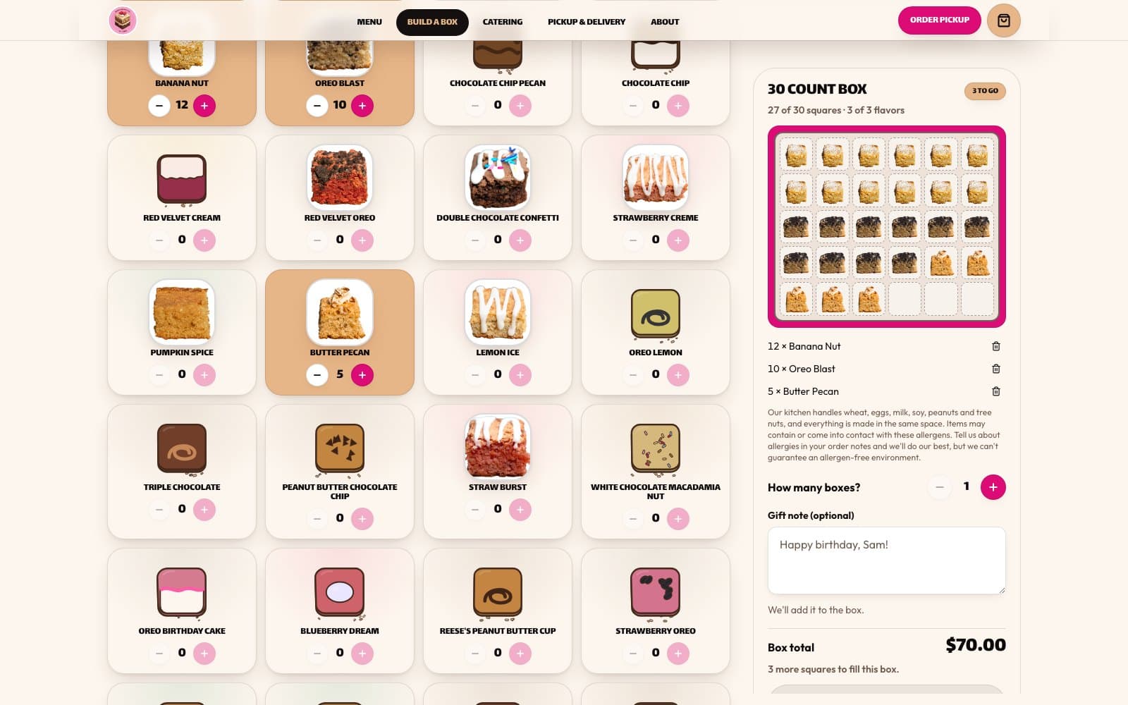 The flavour grid of the Sweet Squares box builder with three flavours chosen, each showing a quantity stepper, beside the filled thirty-count box panel.