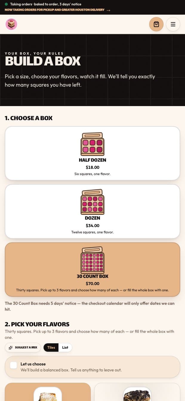 The Sweet Squares box builder on a phone, with the three box sizes stacked and the thirty-count's five days' notice stated beneath them.