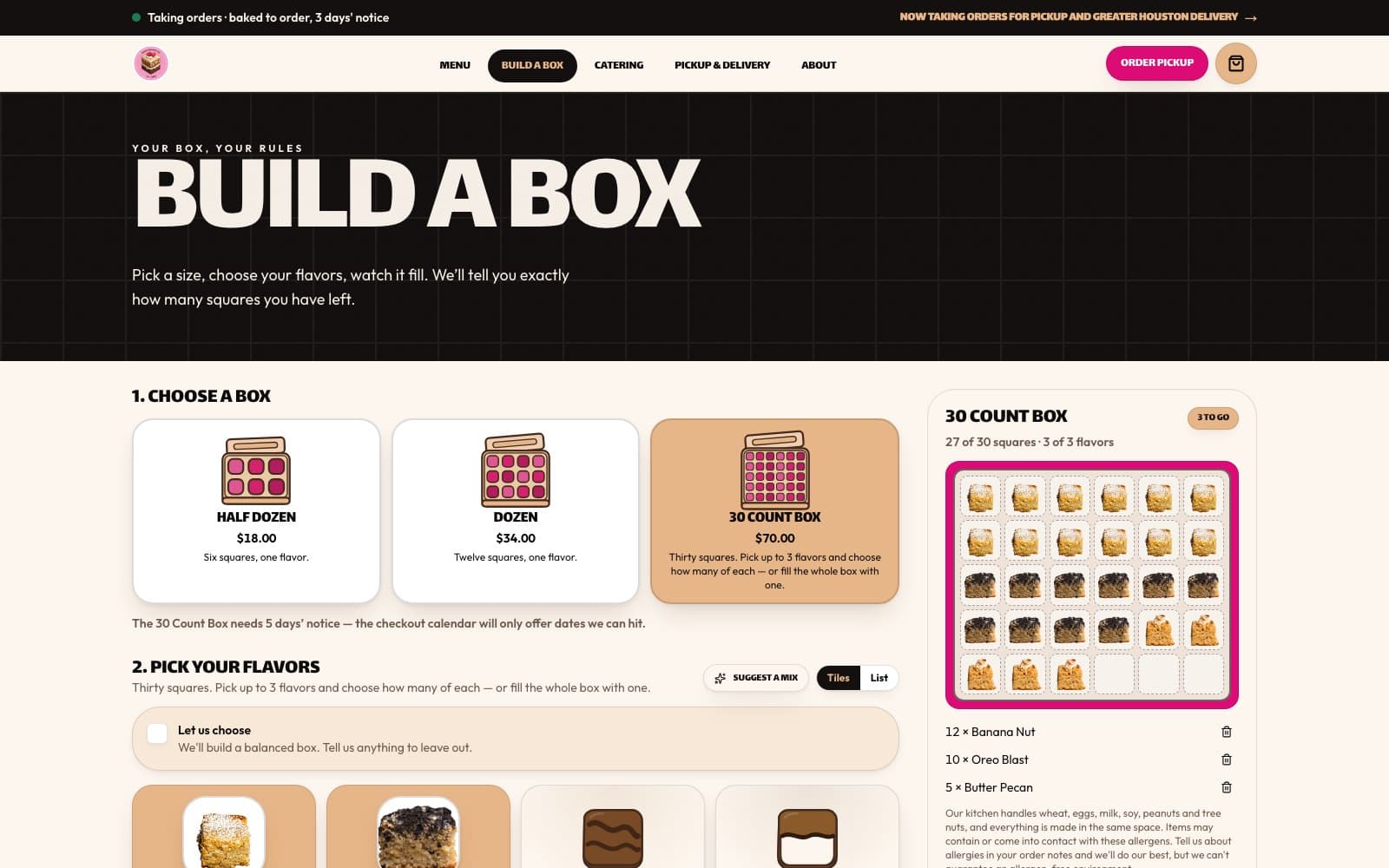 The Sweet Squares box builder in development: a thirty-count box holding twenty-seven photographed squares across three flavours, beside a panel reading “27 of 30 squares · 3 of 3 flavors” and “3 to go”.