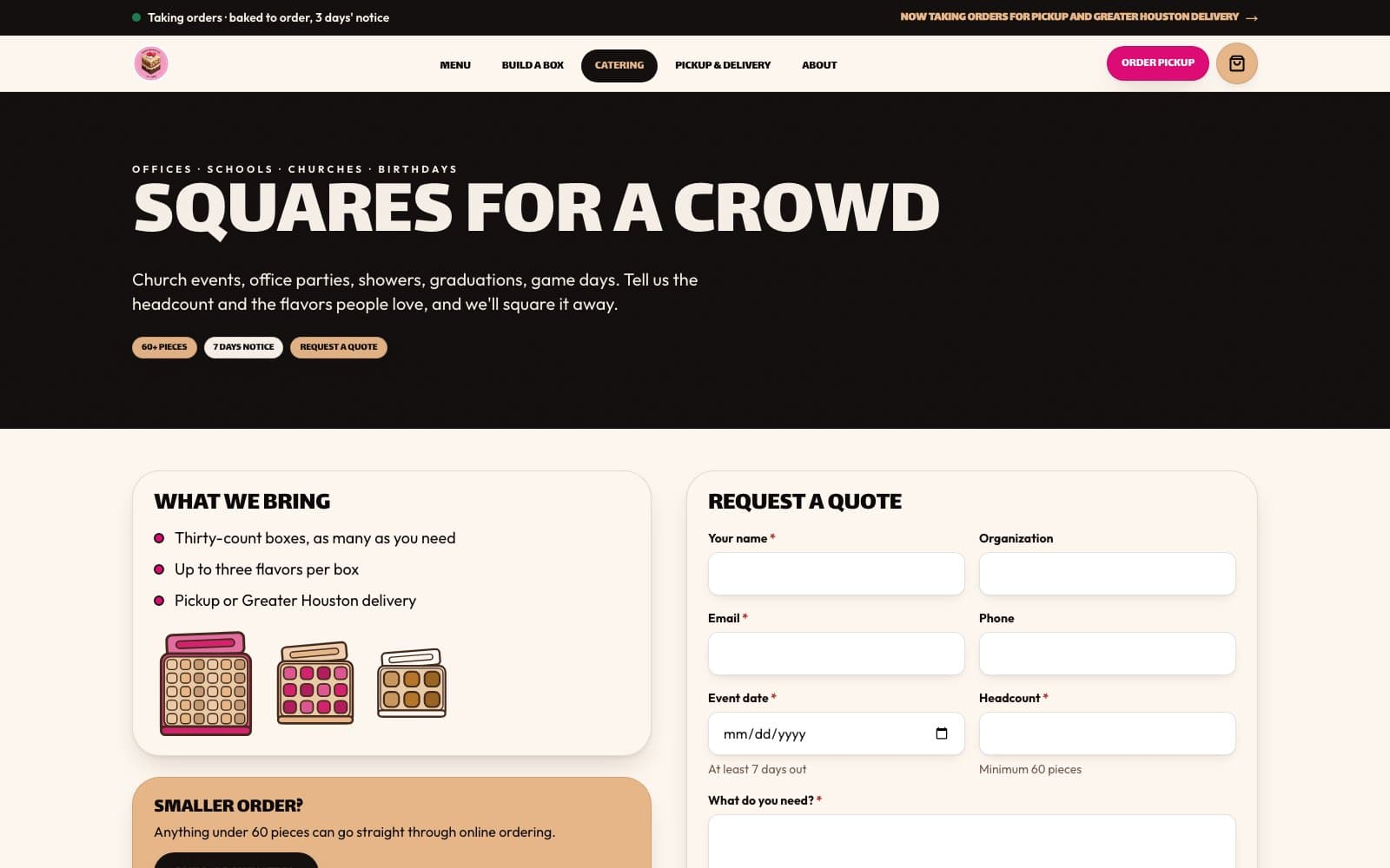 The catering page of the Sweet Squares rebuild: “Squares for a crowd”, with a what-we-bring list and a quote request form.