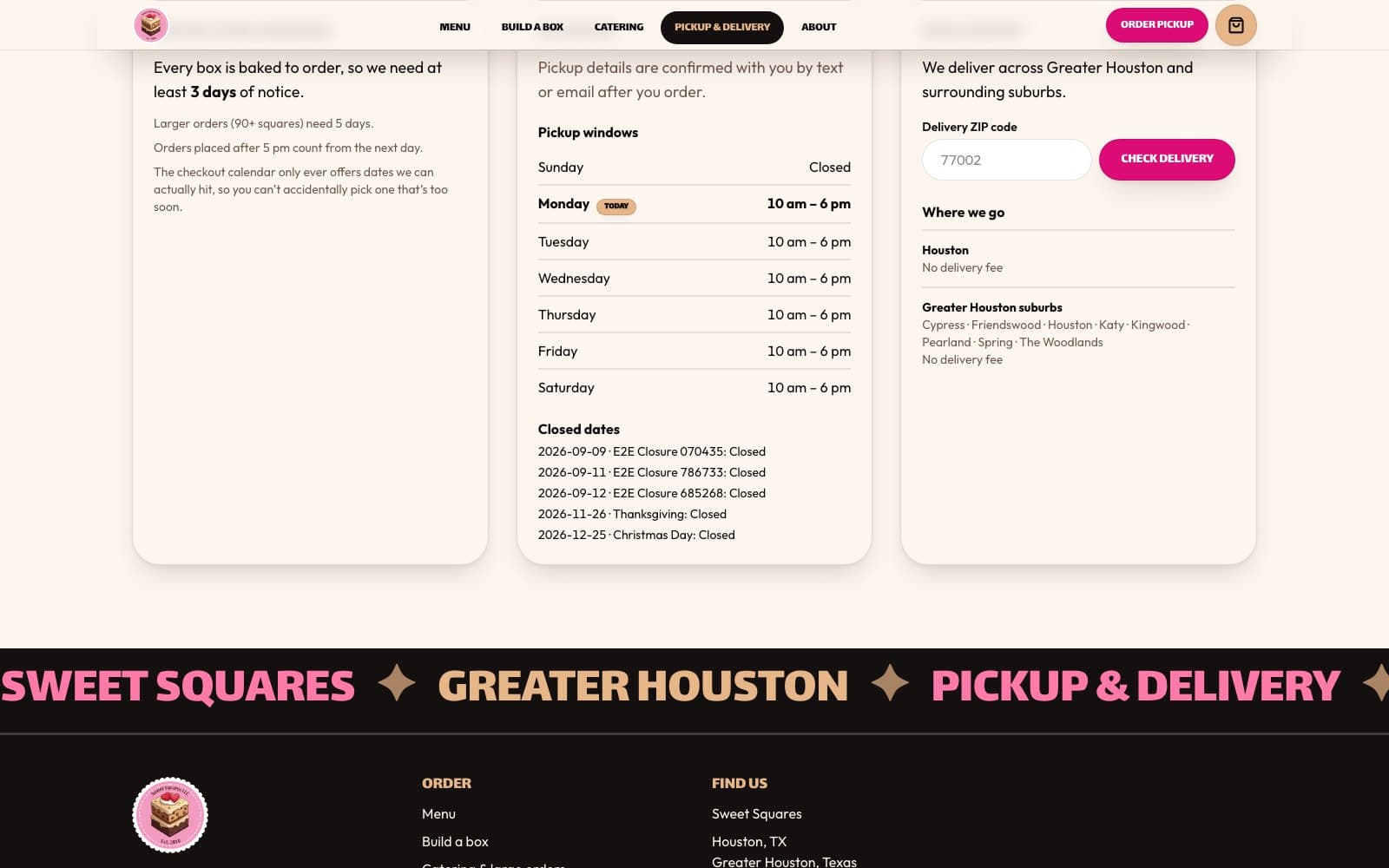 The pickup and delivery page of the Sweet Squares rebuild, stating the notice period, the pickup arrangement and the delivery area.