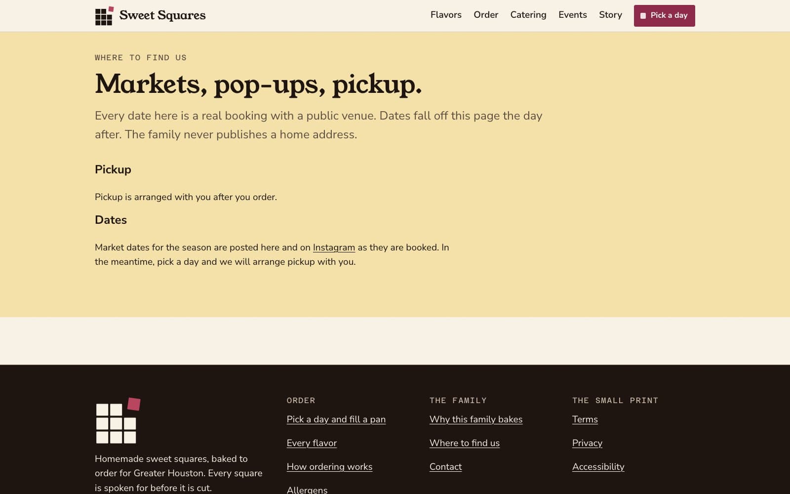 The Where to find us page of the live Sweet Squares site, stating that every date is a real booking, that there are none yet, and where they will be posted.