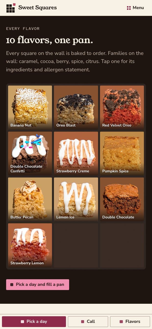 The Every flavor page of the live Sweet Squares site on a phone, showing the ten photographed squares three to a row.